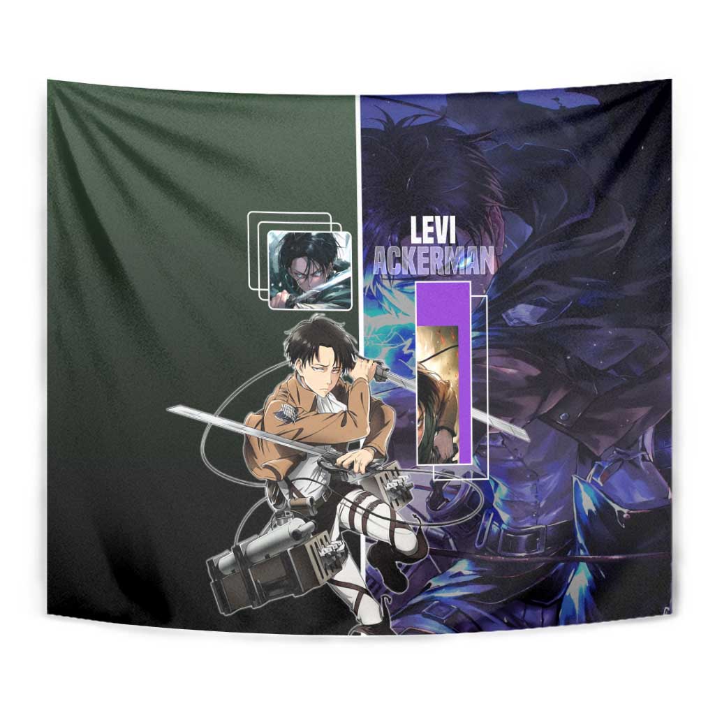 Levi Ackerman from Attack on Titan Tapestry with Dynamic Poses and Green Background Design - The Mazicc