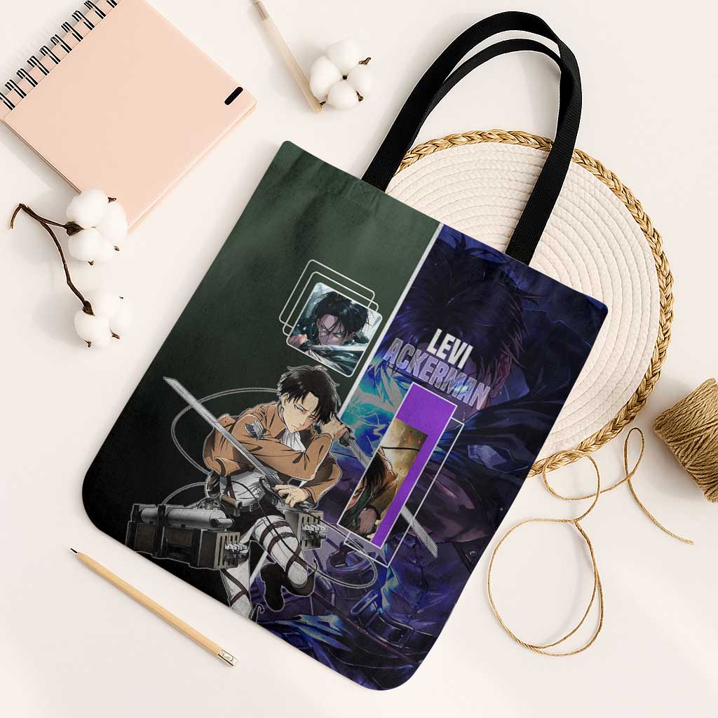 Levi Ackerman from Attack on Titan Tote Bag with Dynamic Poses and Green Background Design - The Mazicc