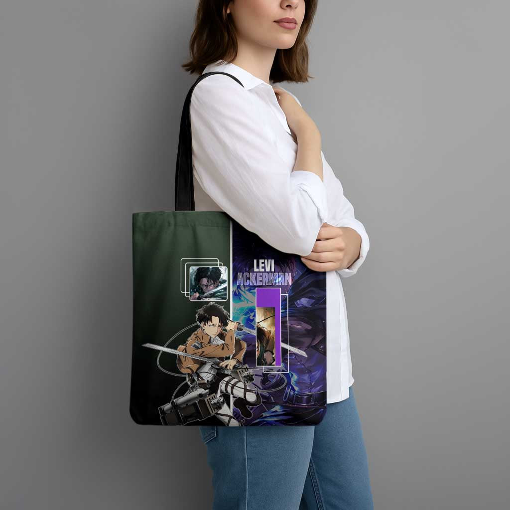 Levi Ackerman from Attack on Titan Tote Bag with Dynamic Poses and Green Background Design - The Mazicc