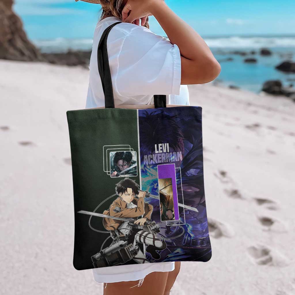 Levi Ackerman from Attack on Titan Tote Bag with Dynamic Poses and Green Background Design - The Mazicc