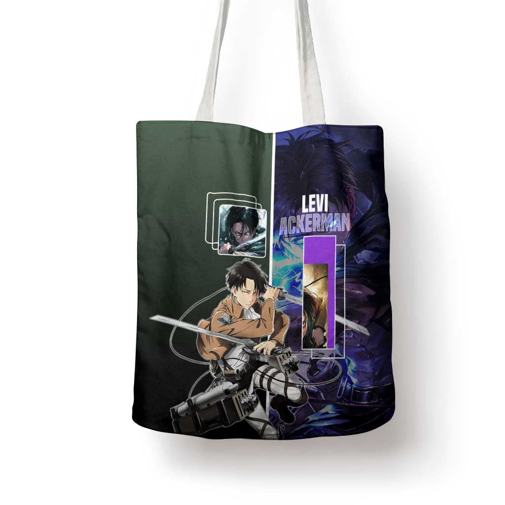 Levi Ackerman from Attack on Titan Tote Bag with Dynamic Poses and Green Background Design - The Mazicc