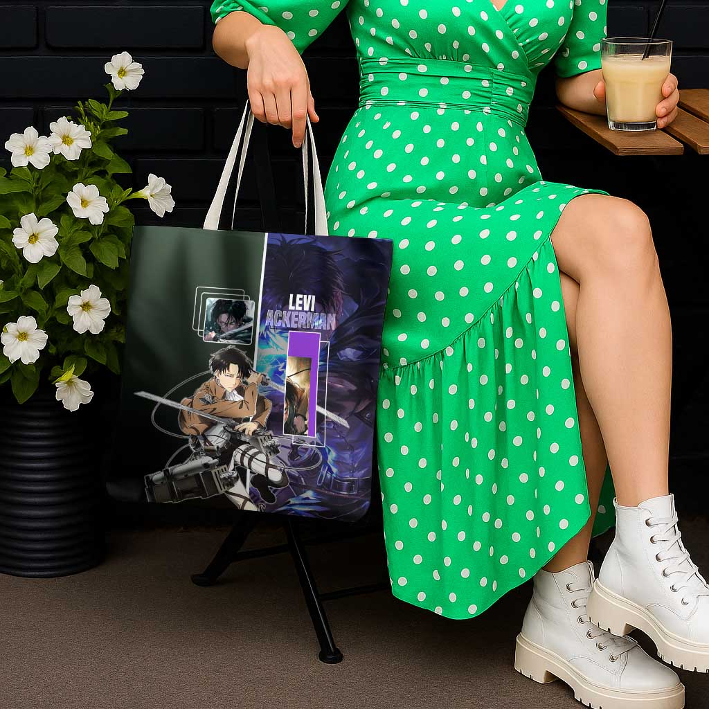 Levi Ackerman from Attack on Titan Tote Bag with Dynamic Poses and Green Background Design - The Mazicc