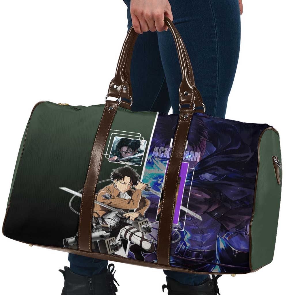 Levi Ackerman from Attack on Titan Travel Bag with Dynamic Poses and Green Background Design - The Mazicc