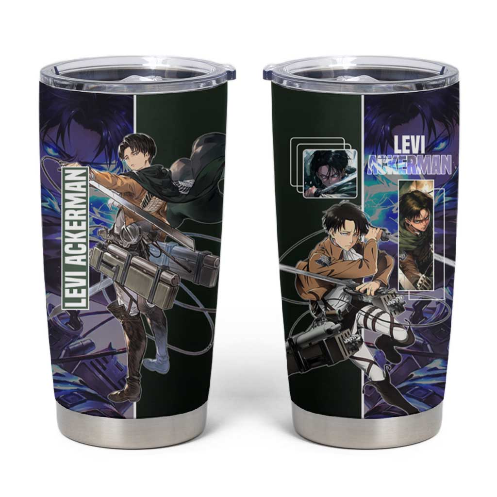 Levi Ackerman from Attack on Titan Tumbler Cup with Dynamic Poses and Green Background Design - The Mazicc