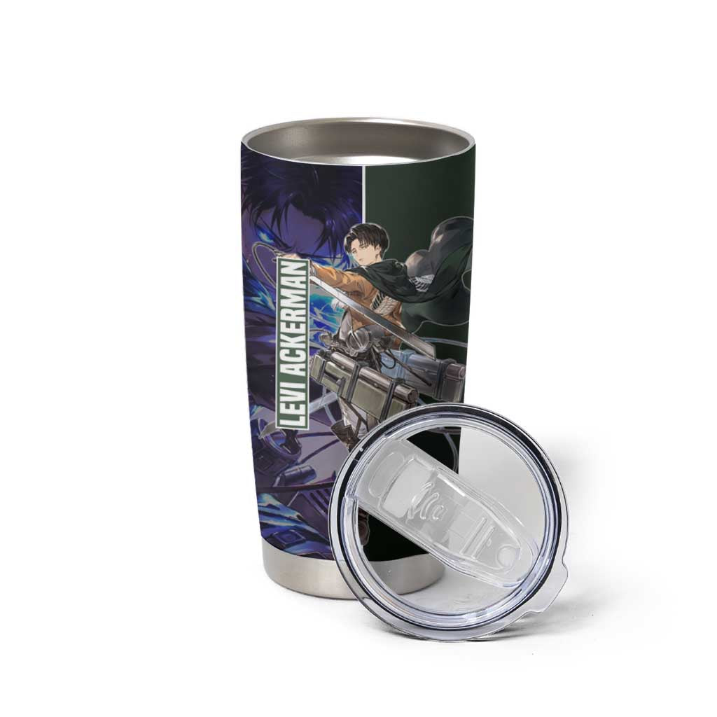 Levi Ackerman from Attack on Titan Tumbler Cup with Dynamic Poses and Green Background Design - The Mazicc