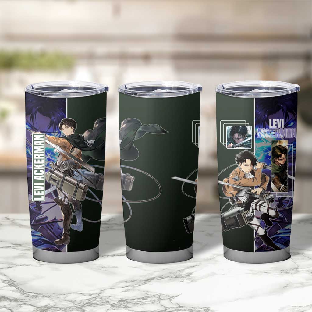 Levi Ackerman from Attack on Titan Tumbler Cup with Dynamic Poses and Green Background Design - The Mazicc