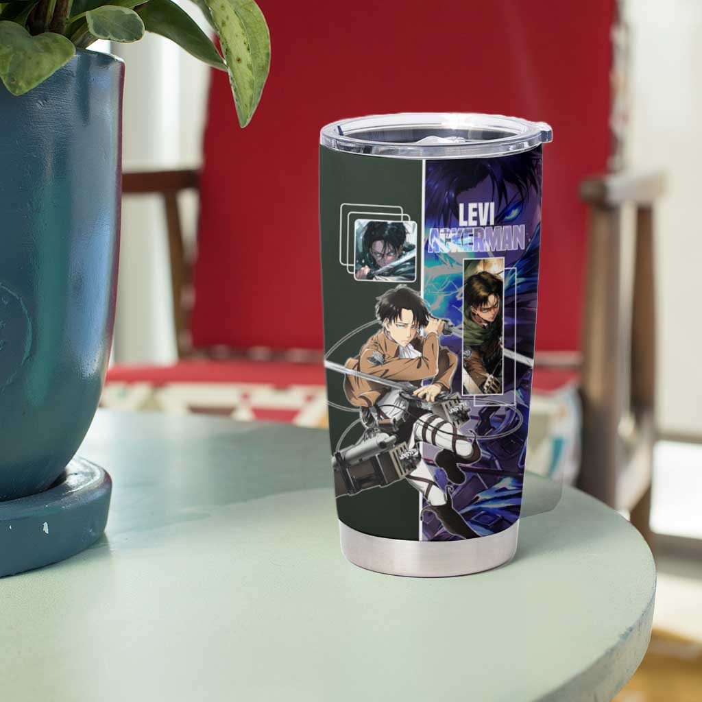 Levi Ackerman from Attack on Titan Tumbler Cup with Dynamic Poses and Green Background Design - The Mazicc