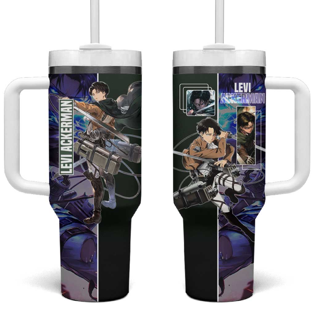 Levi Ackerman from Attack on Titan Tumbler With Handle with Dynamic Poses and Green Background Design - The Mazicc