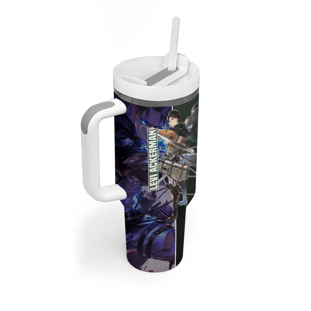 Levi Ackerman from Attack on Titan Tumbler With Handle with Dynamic Poses and Green Background Design - The Mazicc