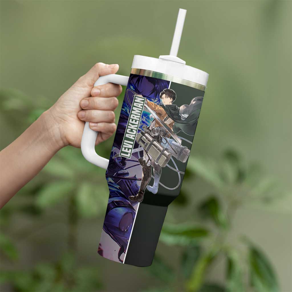 Levi Ackerman from Attack on Titan Tumbler With Handle with Dynamic Poses and Green Background Design - The Mazicc