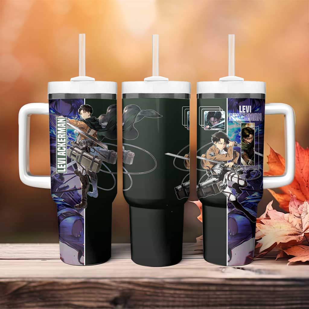 Levi Ackerman from Attack on Titan Tumbler With Handle with Dynamic Poses and Green Background Design - The Mazicc