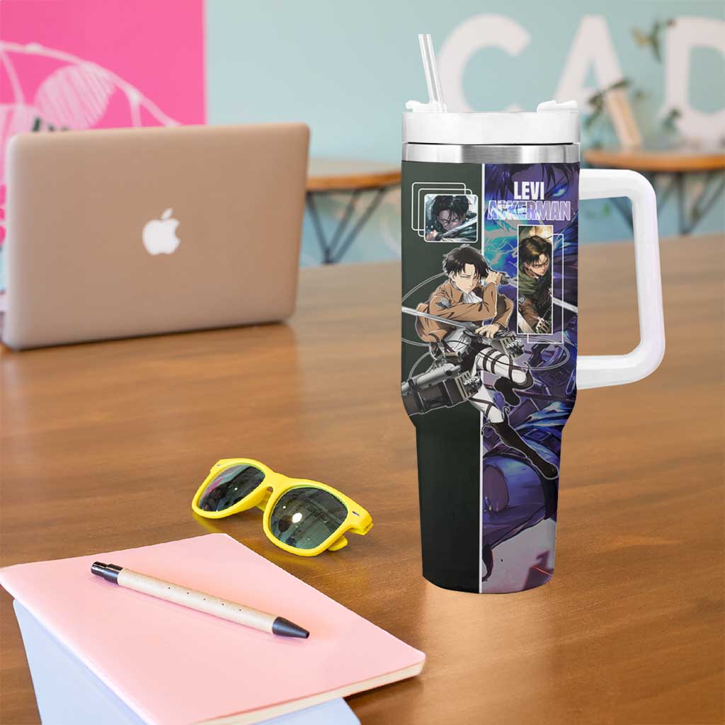 Levi Ackerman from Attack on Titan Tumbler With Handle with Dynamic Poses and Green Background Design - The Mazicc