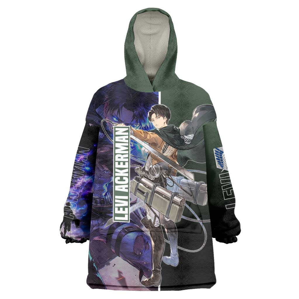 Levi Ackerman from Attack on Titan Wearable Blanket Hoodie with Dynamic Poses and Green Background Design - The Mazicc