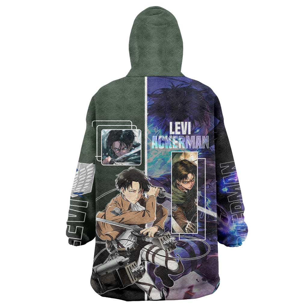 Levi Ackerman from Attack on Titan Wearable Blanket Hoodie with Dynamic Poses and Green Background Design - The Mazicc