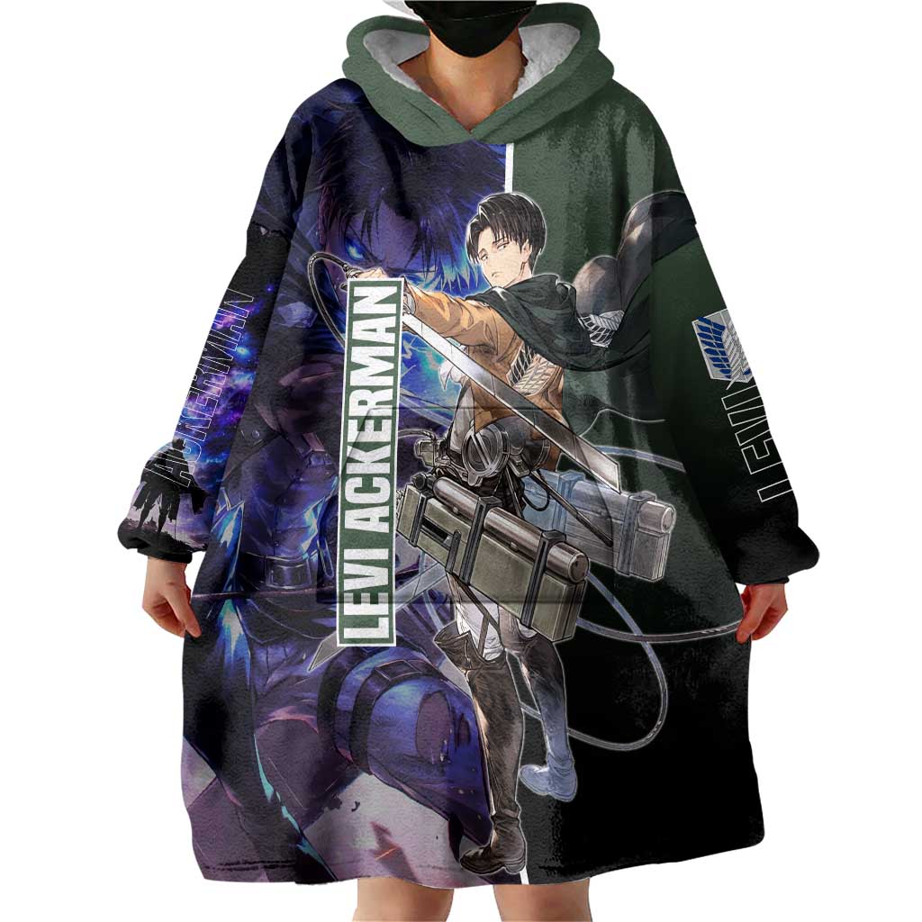 Levi Ackerman from Attack on Titan Wearable Blanket Hoodie with Dynamic Poses and Green Background Design - The Mazicc