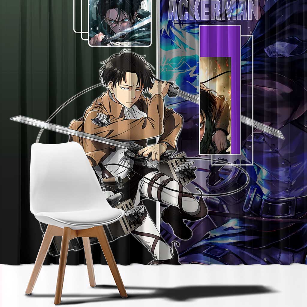 Levi Ackerman from Attack on Titan Window Curtain with Dynamic Poses and Green Background Design - The Mazicc