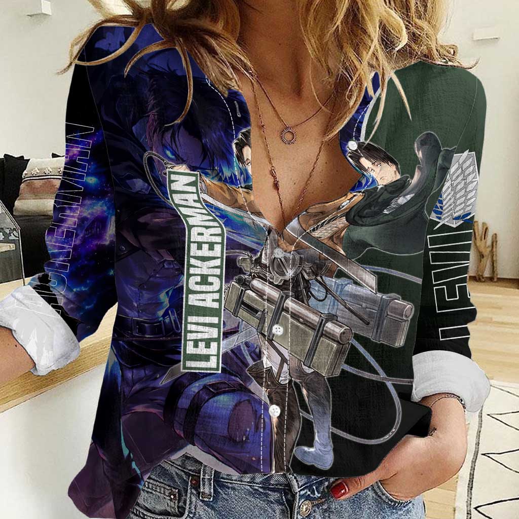 Levi Ackerman from Attack on Titan Women Casual Shirt with Dynamic Poses and Green Background Design - The Mazicc