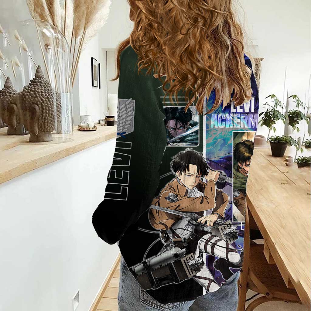 Levi Ackerman from Attack on Titan Women Casual Shirt with Dynamic Poses and Green Background Design - The Mazicc