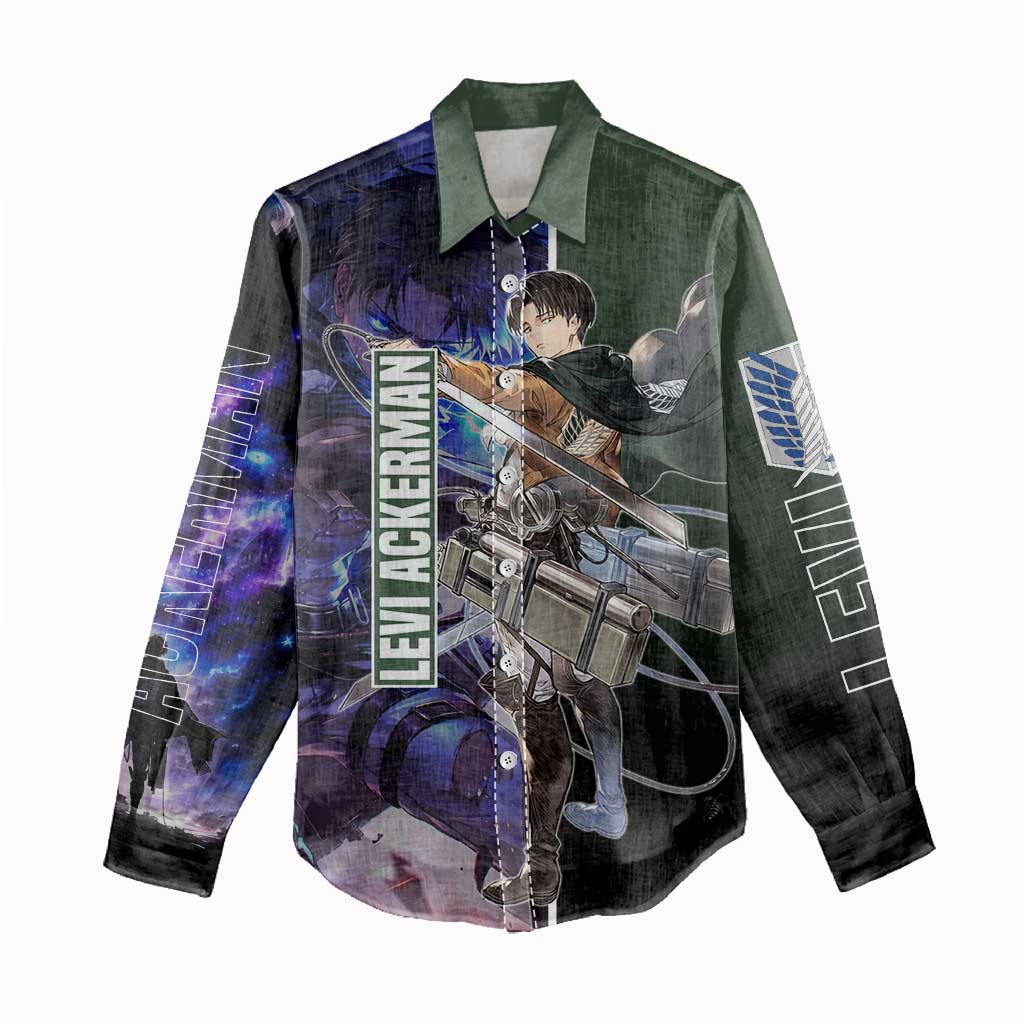 Levi Ackerman from Attack on Titan Women Casual Shirt with Dynamic Poses and Green Background Design - The Mazicc
