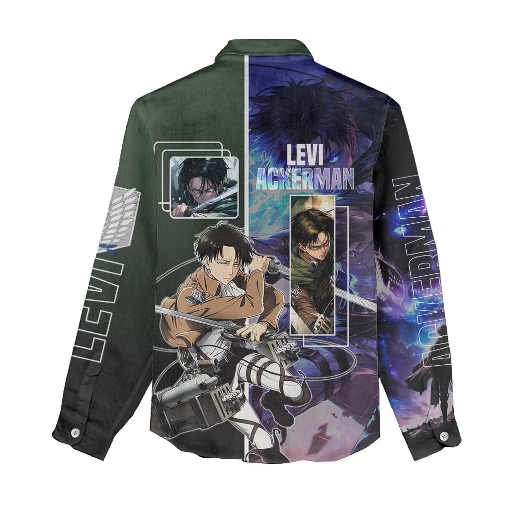 Levi Ackerman from Attack on Titan Women Casual Shirt with Dynamic Poses and Green Background Design - The Mazicc
