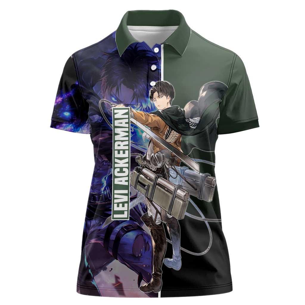 Levi Ackerman from Attack on Titan Women Polo Shirt with Dynamic Poses and Green Background Design - The Mazicc