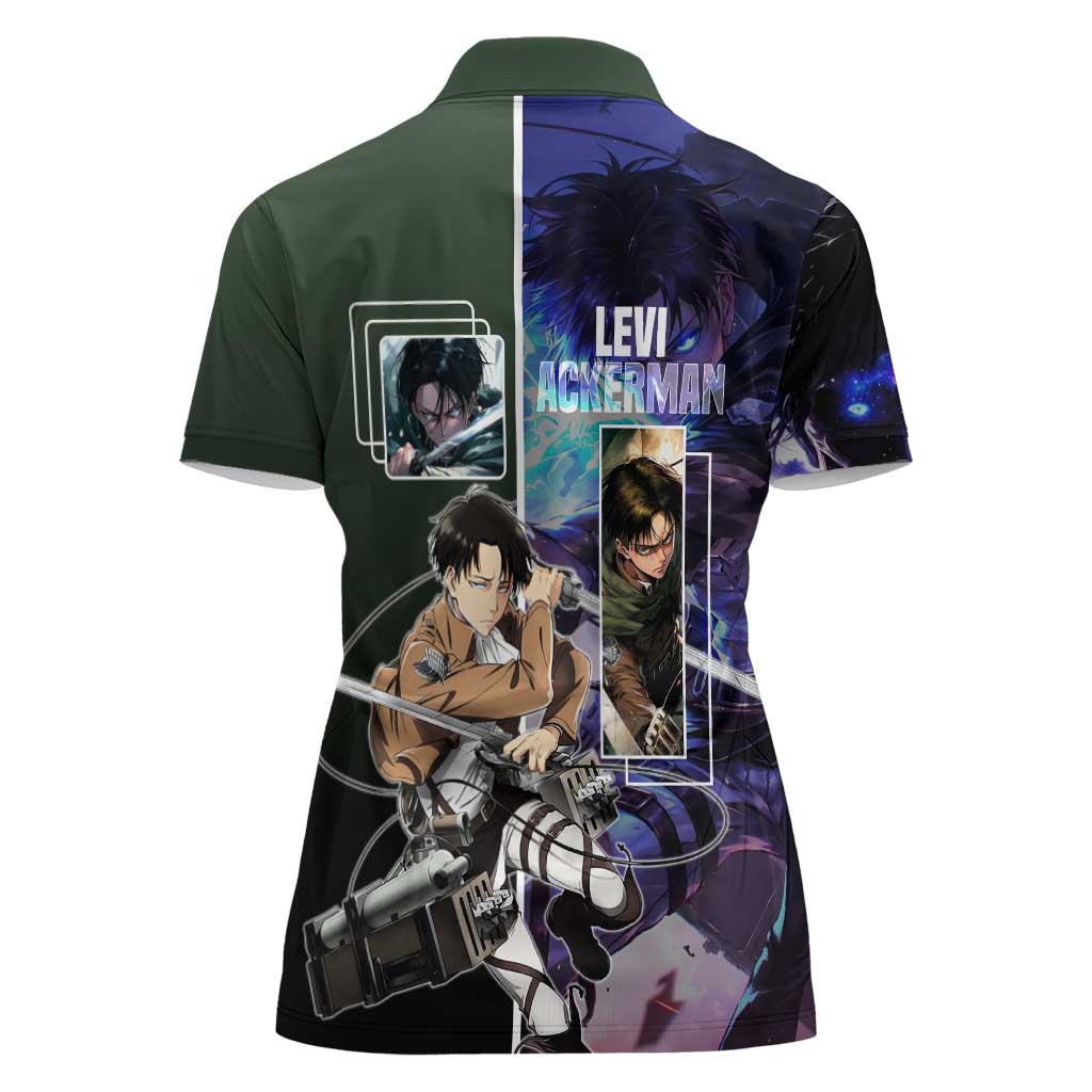 Levi Ackerman from Attack on Titan Women Polo Shirt with Dynamic Poses and Green Background Design - The Mazicc
