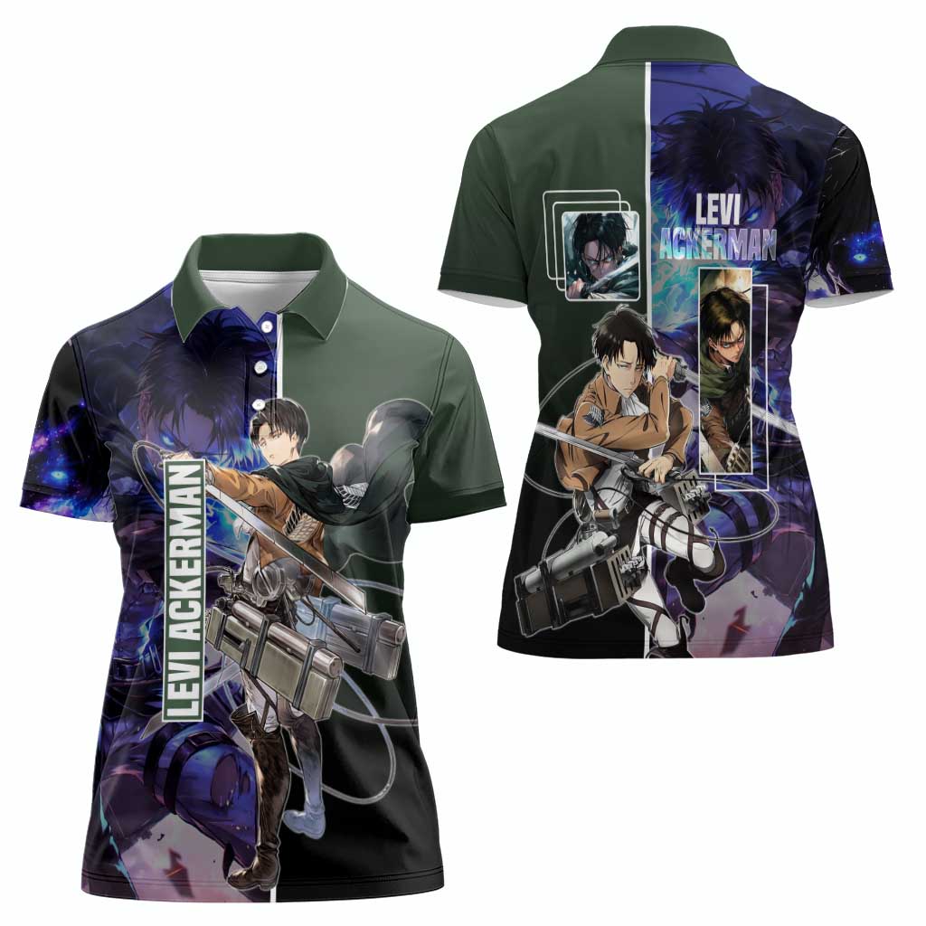 Levi Ackerman from Attack on Titan Women Polo Shirt with Dynamic Poses and Green Background Design - The Mazicc