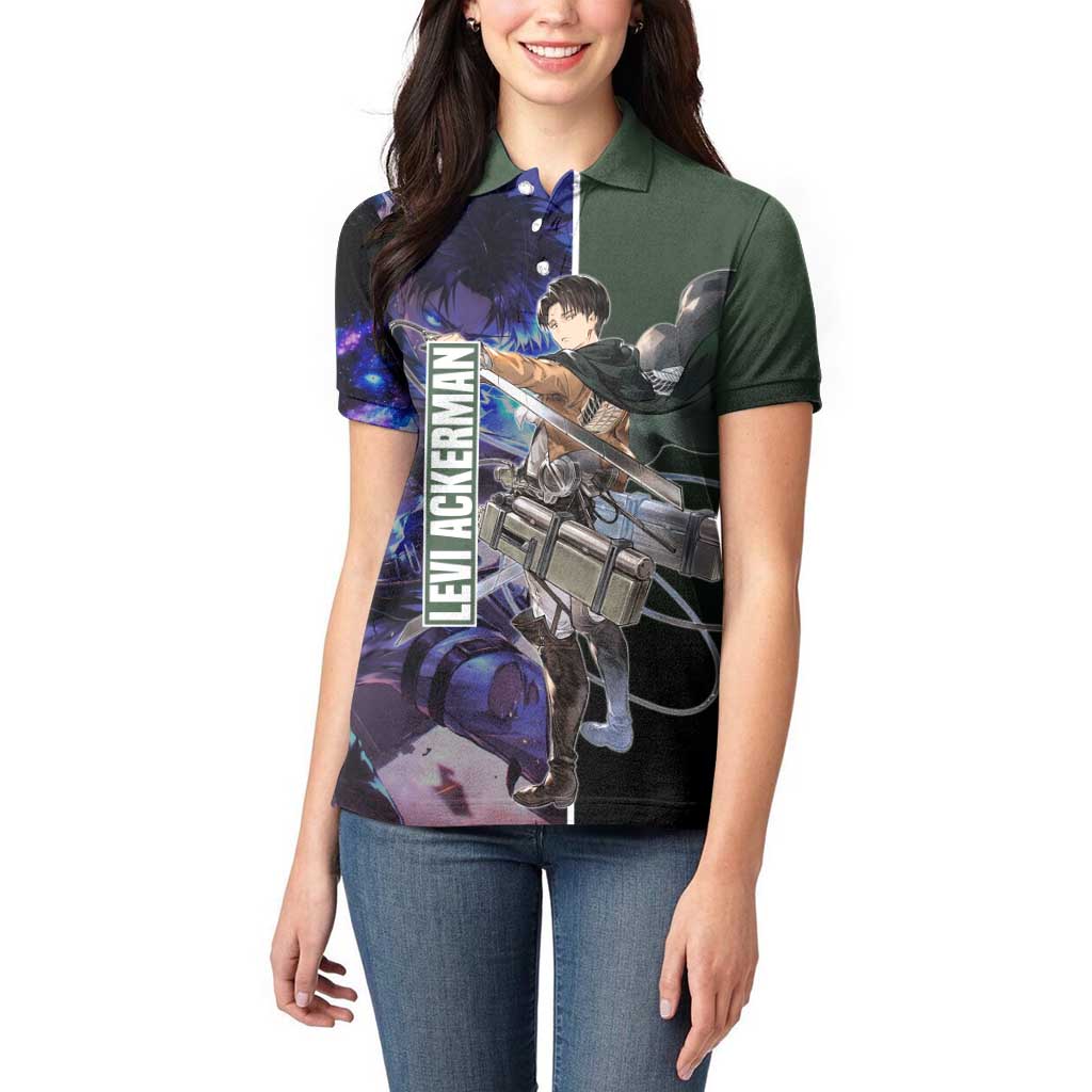 Levi Ackerman from Attack on Titan Women Polo Shirt with Dynamic Poses and Green Background Design - The Mazicc