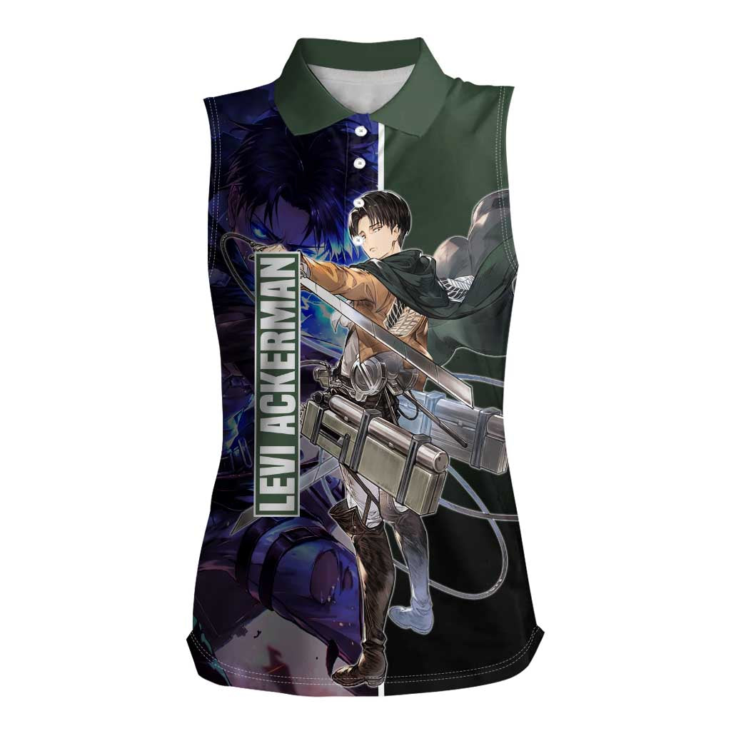Levi Ackerman from Attack on Titan Women Sleeveless Polo Shirt with Dynamic Poses and Green Background Design - The Mazicc