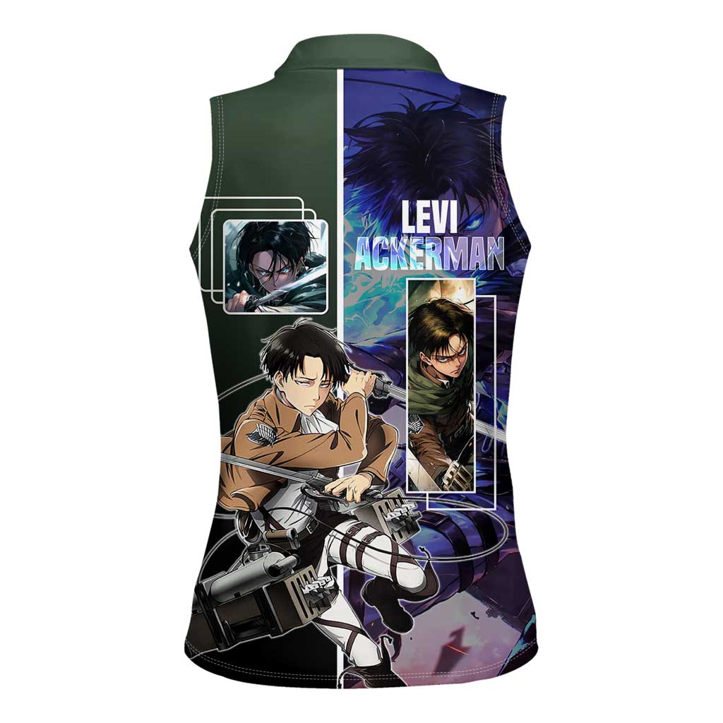 Levi Ackerman from Attack on Titan Women Sleeveless Polo Shirt with Dynamic Poses and Green Background Design - The Mazicc