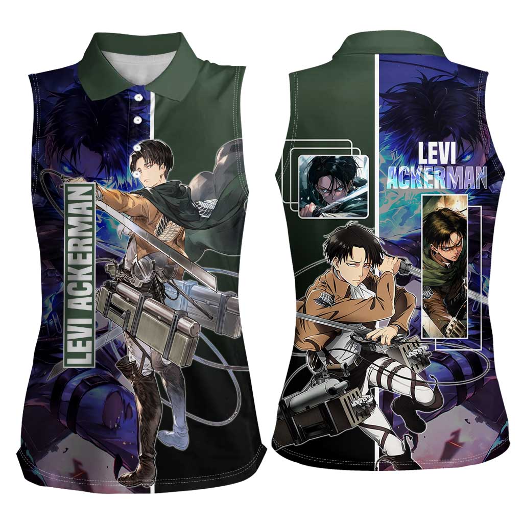 Levi Ackerman from Attack on Titan Women Sleeveless Polo Shirt with Dynamic Poses and Green Background Design - The Mazicc