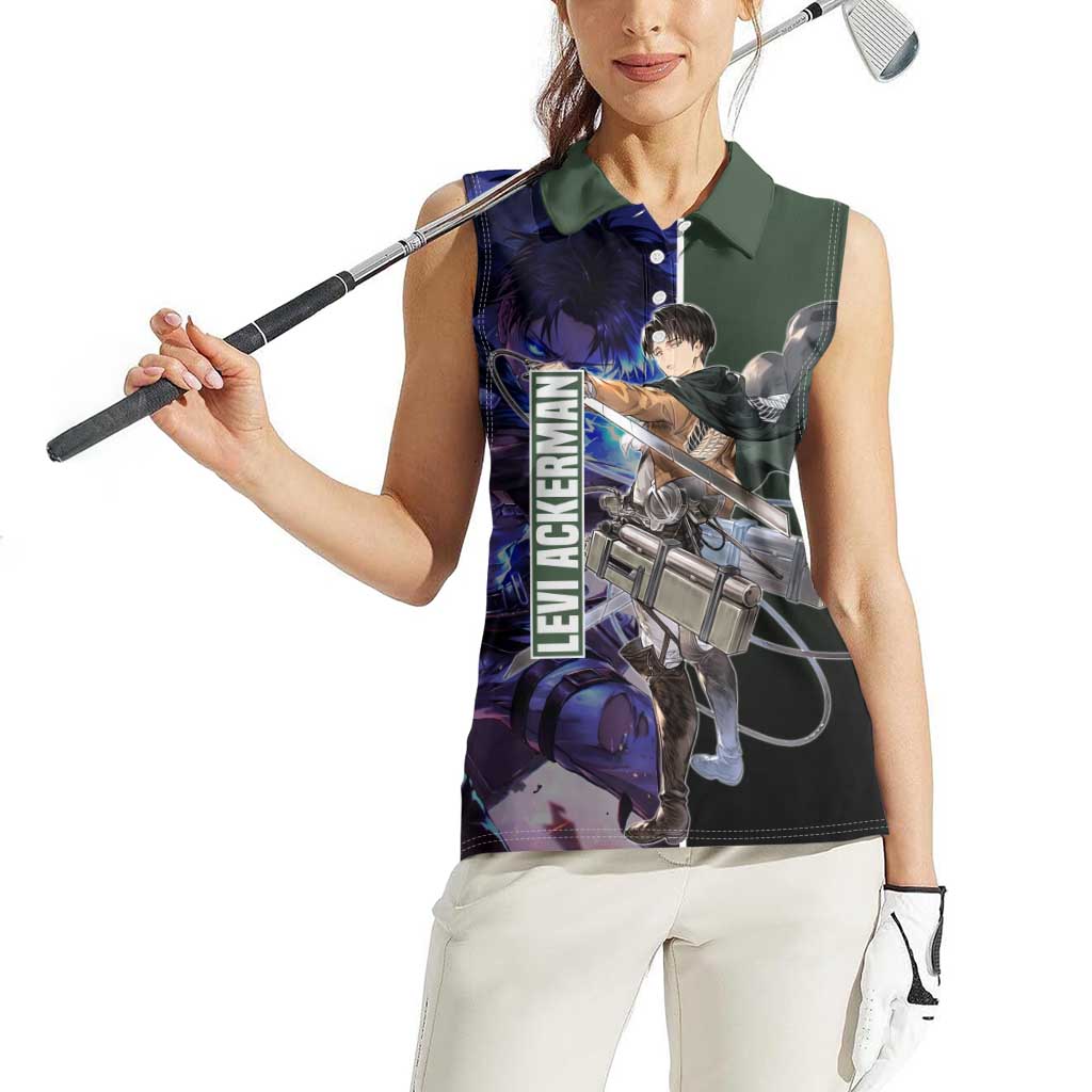 Levi Ackerman from Attack on Titan Women Sleeveless Polo Shirt with Dynamic Poses and Green Background Design - The Mazicc
