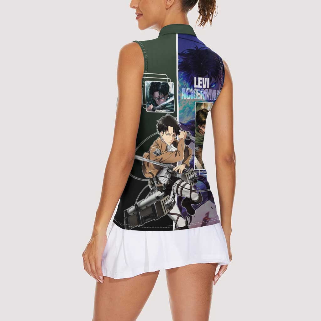 Levi Ackerman from Attack on Titan Women Sleeveless Polo Shirt with Dynamic Poses and Green Background Design - The Mazicc