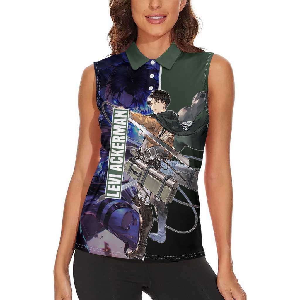 Levi Ackerman from Attack on Titan Women Sleeveless Polo Shirt with Dynamic Poses and Green Background Design - The Mazicc
