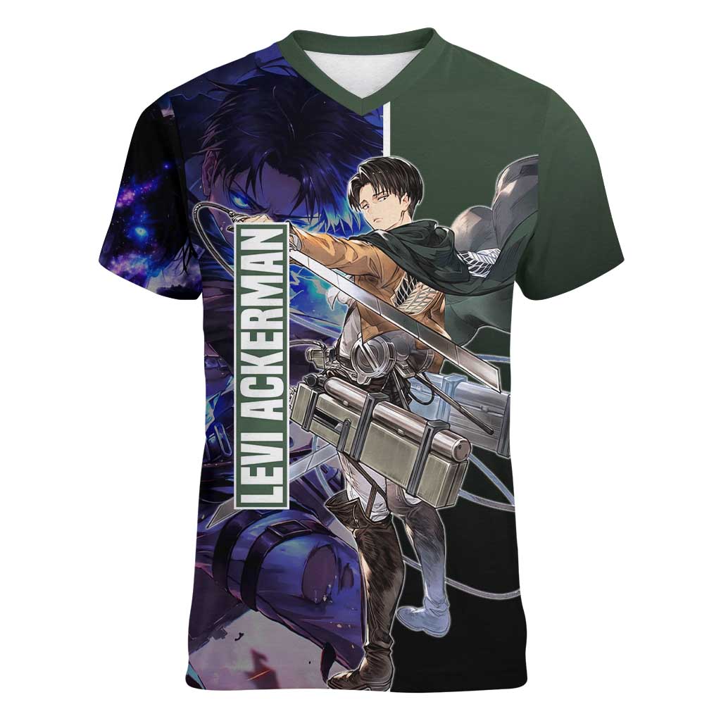 Levi Ackerman from Attack on Titan Women V-Neck T-Shirt with Dynamic Poses and Green Background Design - The Mazicc