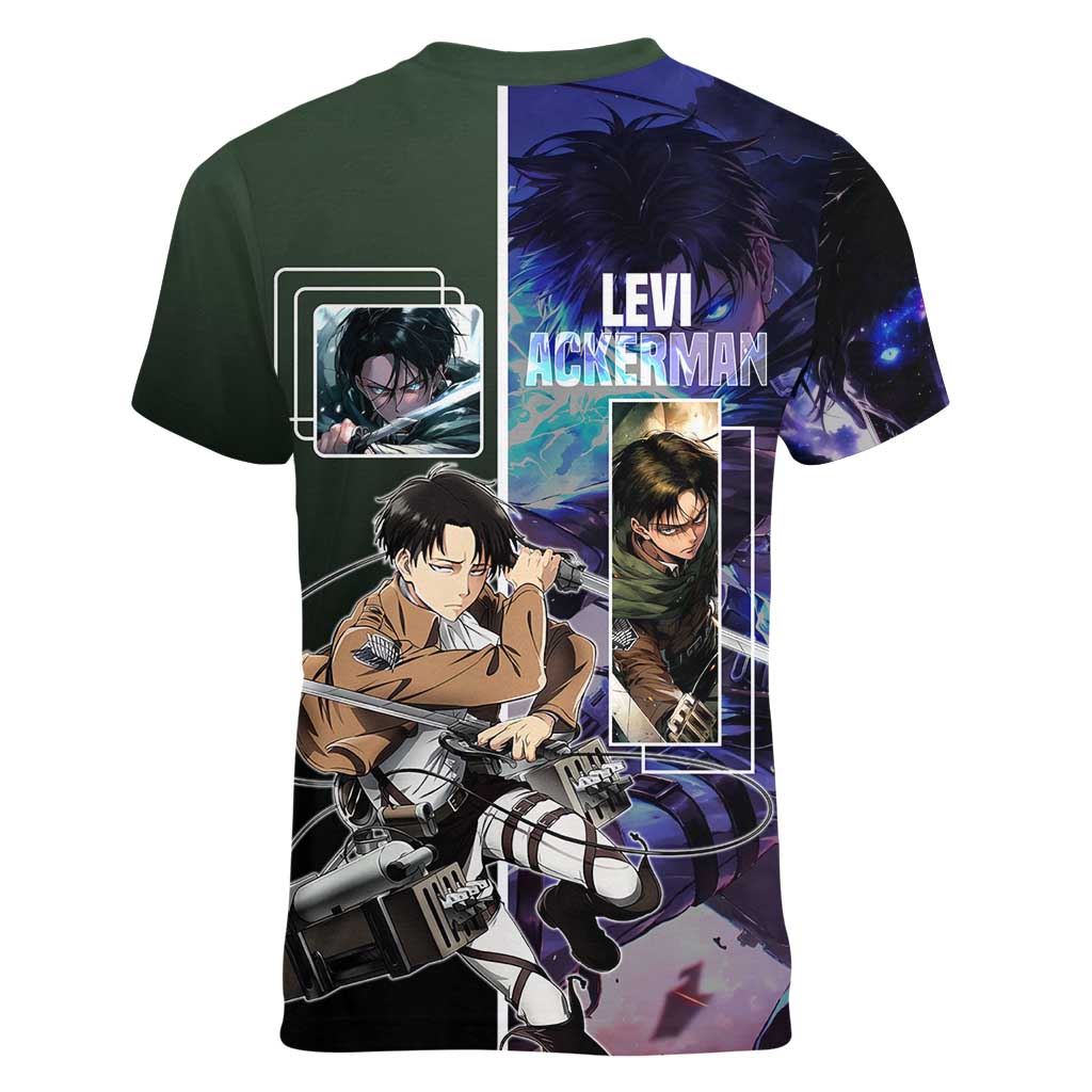 Levi Ackerman from Attack on Titan Women V-Neck T-Shirt with Dynamic Poses and Green Background Design - The Mazicc