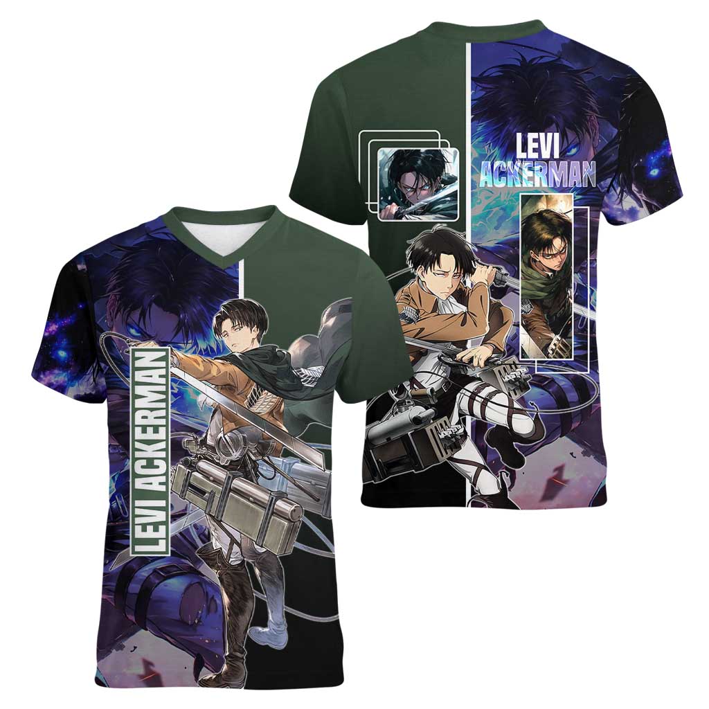 Levi Ackerman from Attack on Titan Women V-Neck T-Shirt with Dynamic Poses and Green Background Design - The Mazicc