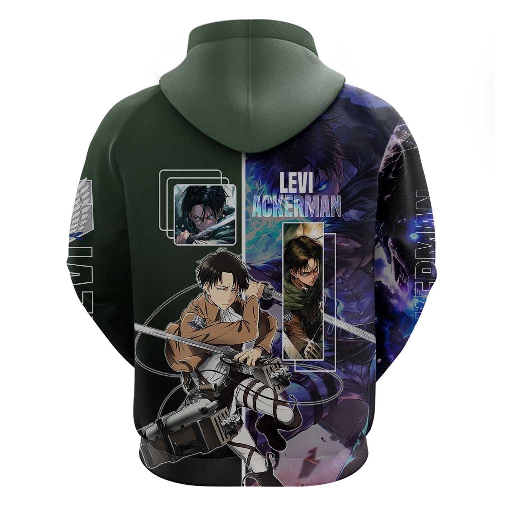 Levi Ackerman from Attack on Titan Zip Hoodie with Dynamic Poses and Green Background Design - The Mazicc