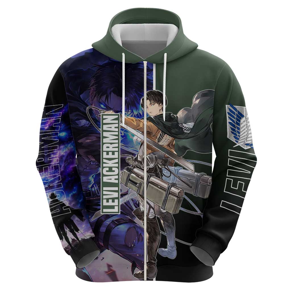Levi Ackerman from Attack on Titan Zip Hoodie with Dynamic Poses and Green Background Design - The Mazicc