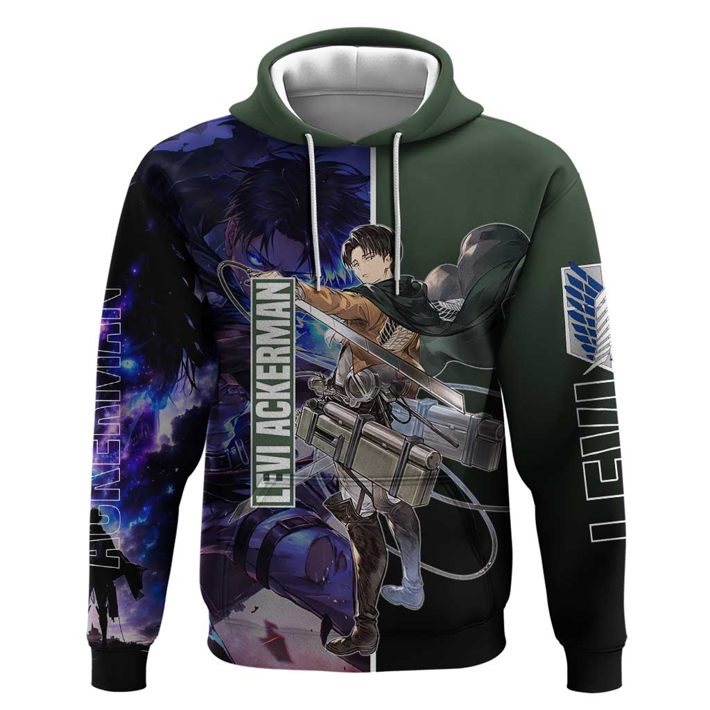 Levi Ackerman from Attack on Titan Zip Hoodie with Dynamic Poses and Green Background Design - The Mazicc