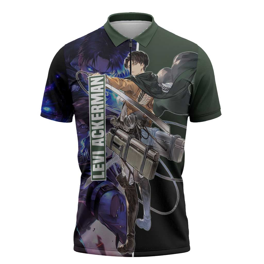 Levi Ackerman from Attack on Titan Zipper Polo Shirt with Dynamic Poses and Green Background Design - The Mazicc