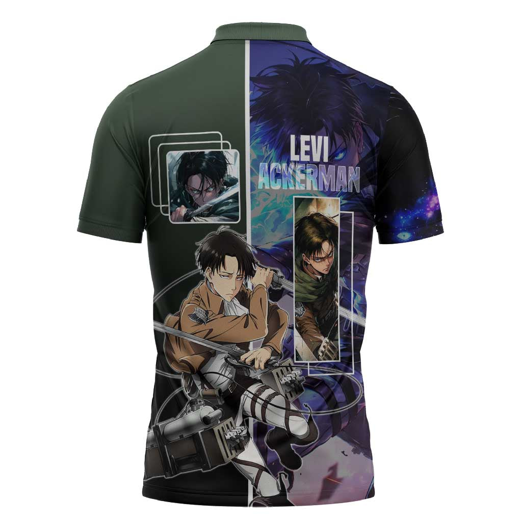 Levi Ackerman from Attack on Titan Zipper Polo Shirt with Dynamic Poses and Green Background Design - The Mazicc