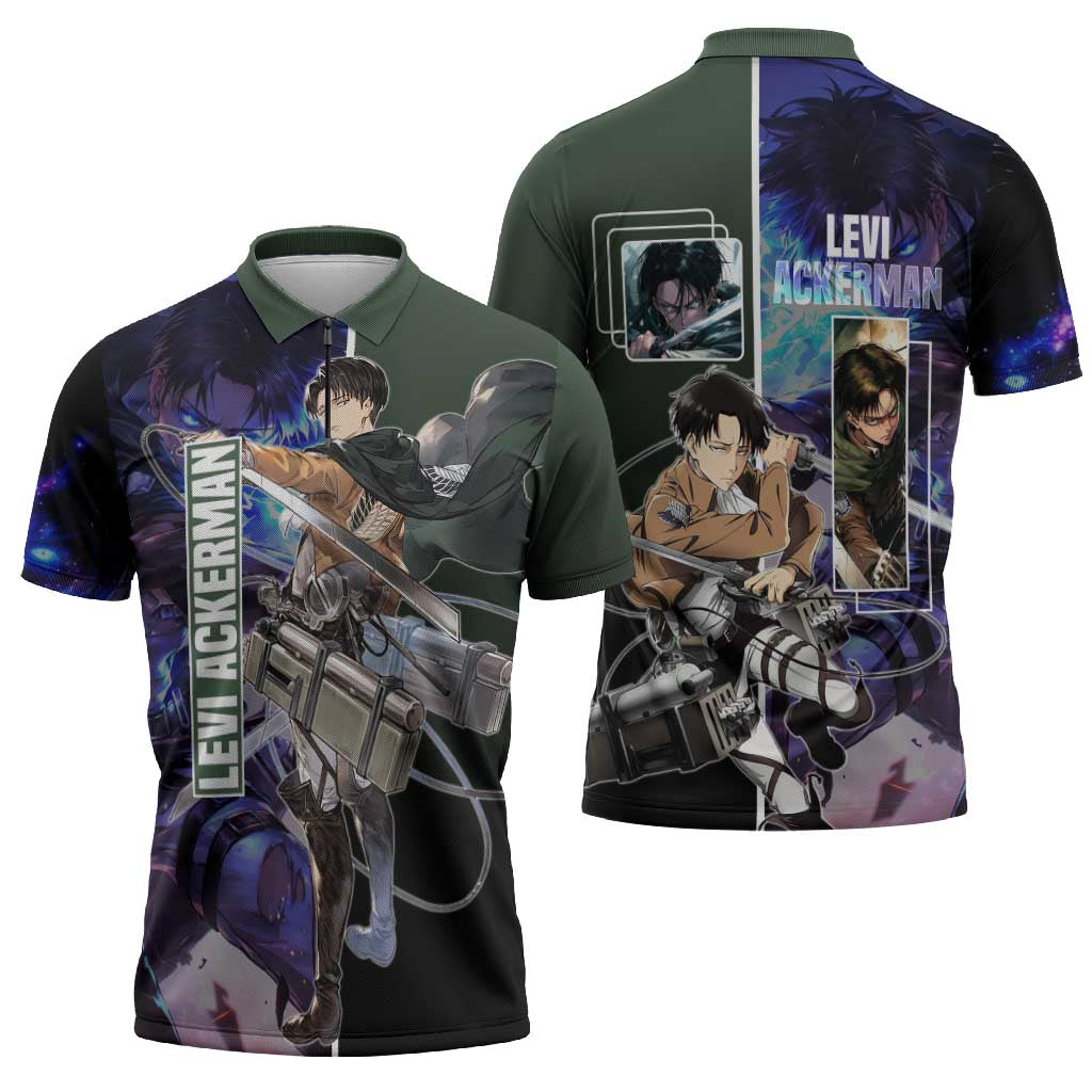 Levi Ackerman from Attack on Titan Zipper Polo Shirt with Dynamic Poses and Green Background Design - The Mazicc