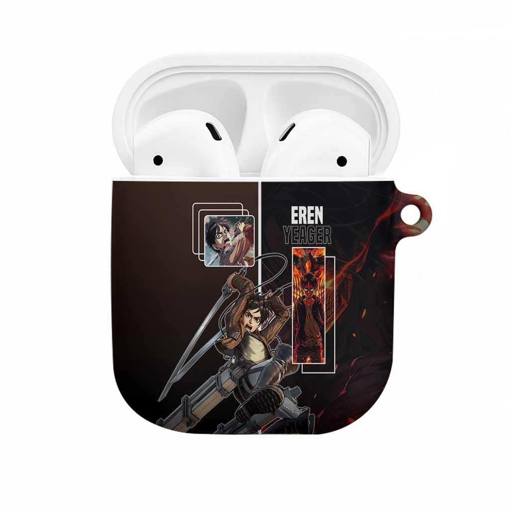 Eren Yeager from Attack on Titan AirPods Case with Action Poses and Fiery Background Design - The Mazicc