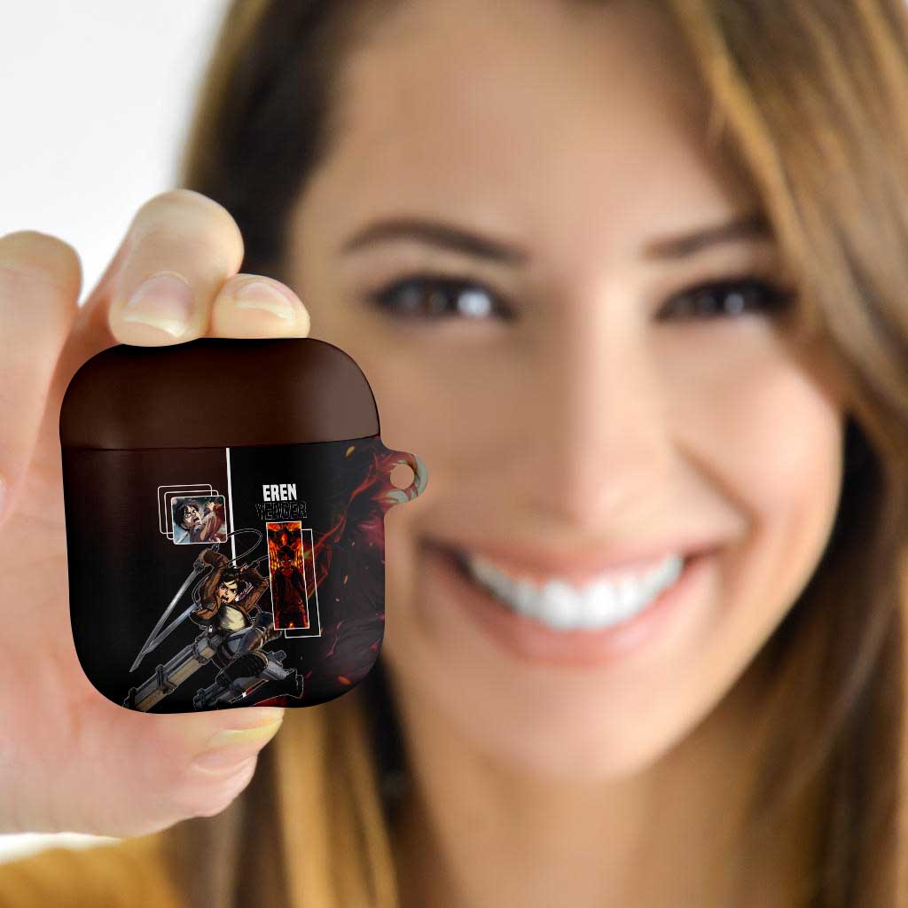 Eren Yeager from Attack on Titan AirPods Case with Action Poses and Fiery Background Design - The Mazicc