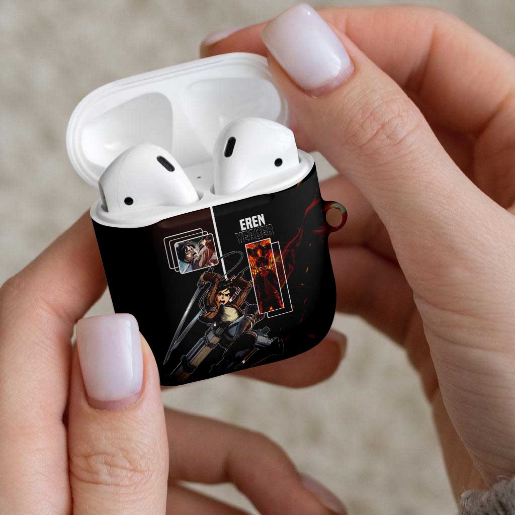 Eren Yeager from Attack on Titan AirPods Case with Action Poses and Fiery Background Design - The Mazicc