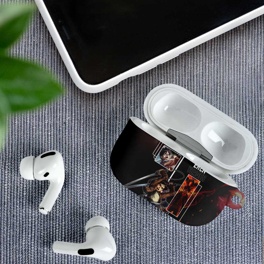 Eren Yeager from Attack on Titan AirPods Case with Action Poses and Fiery Background Design - The Mazicc