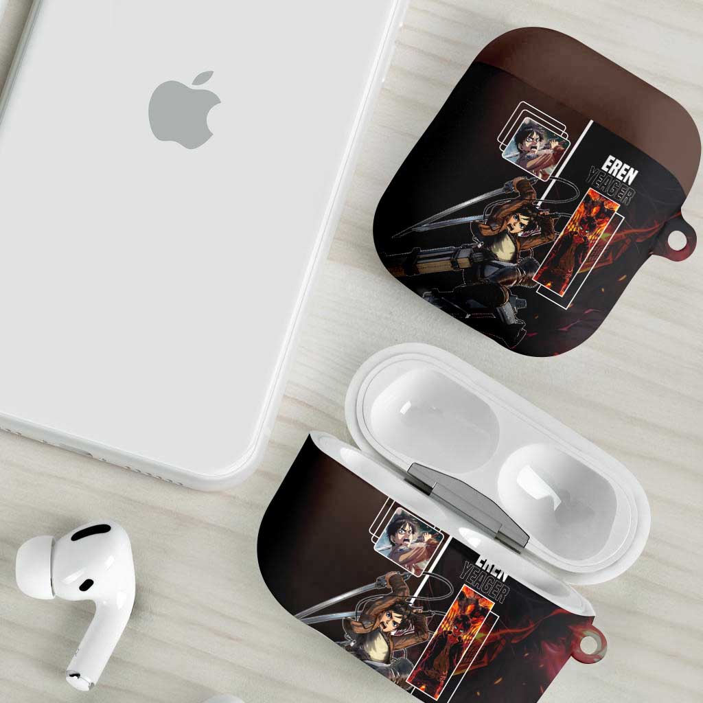 Eren Yeager from Attack on Titan AirPods Case with Action Poses and Fiery Background Design - The Mazicc