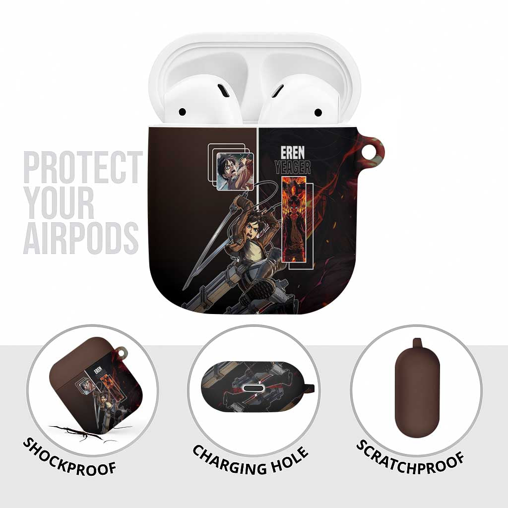 Eren Yeager from Attack on Titan AirPods Case with Action Poses and Fiery Background Design - The Mazicc