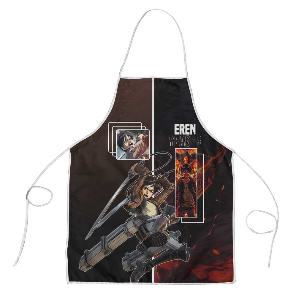 Eren Yeager from Attack on Titan Apron with Action Poses and Fiery Background Design - The Mazicc